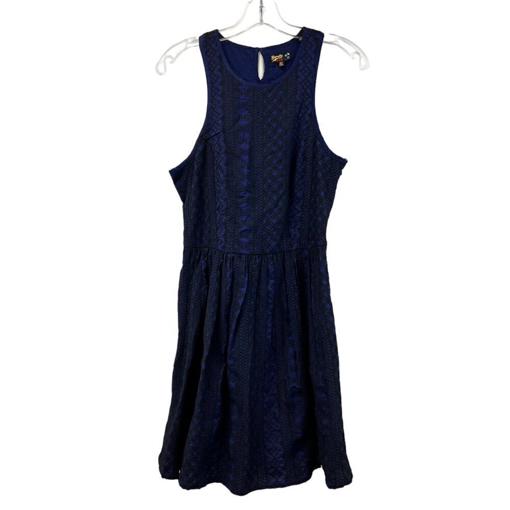 Superdry Womens Sleeveless Scoop Neck Blue/Black Lace A-Line Dress Racerback 6